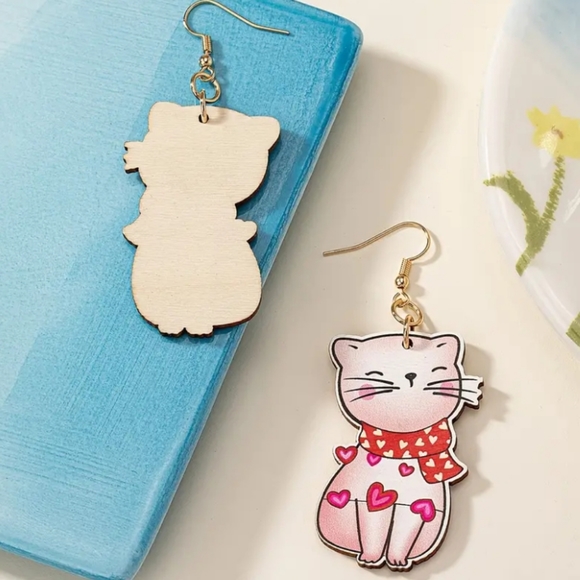 Cute Cat Heart Valentines Wooden Earrings - Picture 4 of 6
